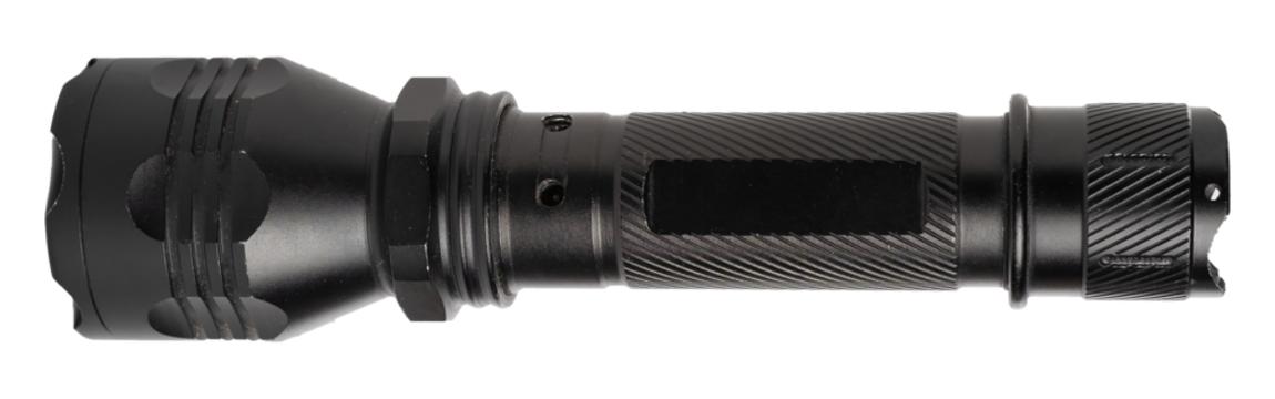 Black LED flashlight isolated on white background, macro shot