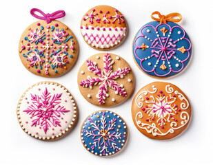 Fototapeta na wymiar Assortment homemade sugar cookies with festive decoration, isolated on white