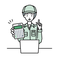 座ってデスクでノートPCを開いて電卓を持ってこちらに向けて見せている作業員の女性