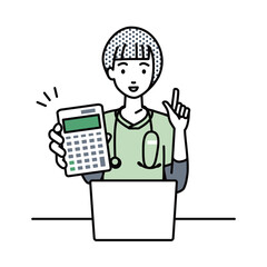座ってデスクでノートPCを開いて電卓を持ってこちらに向けて見せている看護師の女性