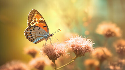 Obraz premium Βutterfly on flower closeup, Springtime, Spring nature, wild flowers field. Generative AI 
