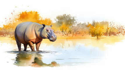 Watercolor illustration of hippopotamus standing by a clear river in Savannah. Reflection on the water's surface, isolated on a white background. Generative AI