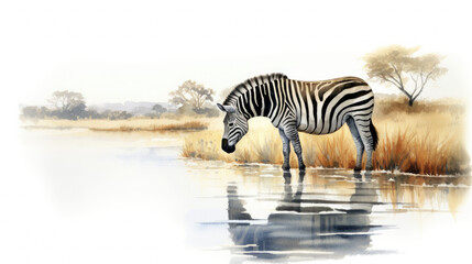 Fototapeta na wymiar Watercolor illustration of zebra standing by a clear river in Savannah. Reflection on the water's surface, isolated on a white background. Generative AI