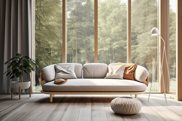 Interior design composition with a modern sofa in front of a large window. Generative AI