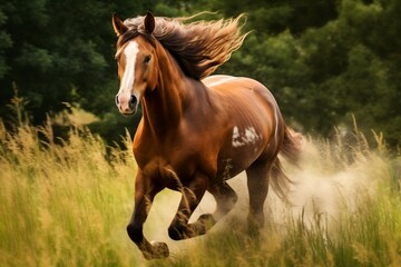 Dynamic Brown Horse in Motion A Stunning Grassland Scene. Generative AI