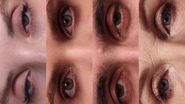 Video collage made of close-up images of different people's eyes. Man amd women looking into camera. Concept of human emotions, diversity, lifestyle, feelings, impression. Vertical layout
