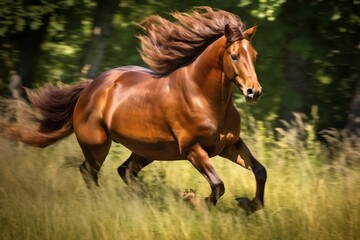 Obraz na płótnie Canvas Dynamic Brown Horse in Motion A Stunning Grassland Scene. Generative AI