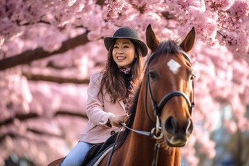 Fototapeta premium Medium shot portrait photography of a grinning girl in her 30s riding a horse against a cherry blossom background. With generative AI technology