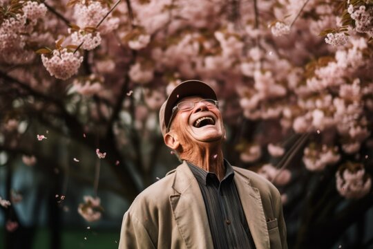 Environmental portrait photography of a happy old man laughing against a cherry blossom background. With generative AI technology
