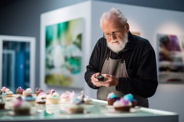 Medium shot portrait photography of a satisfied old man making a cake against a modern art gallery background. With generative AI technology