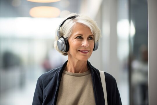 Environmental Portrait Photography Of A Satisfied Mature Woman Listening To Music With Headphones Against A Modern Art Gallery Background. With Generative AI Technology