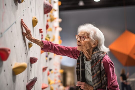Environmental portrait photography of a satisfied old woman practicing rock climbing against a modern art gallery background. With generative AI technology