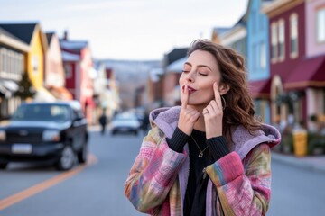 Fototapeta premium Lifestyle portrait photography of a satisfied girl in her 30s sending blowing kiss against a small town main street background. With generative AI technology