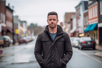 Fototapeta premium Lifestyle portrait photography of a glad boy in his 30s with crossed arms against a small town main street background. With generative AI technology