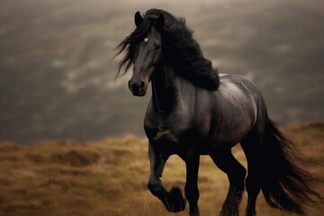 Obraz na płótnie Canvas Untamed Friesian Horse Roaming its Natural Habitat. Generative AI