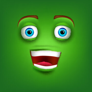 Green, cheerful face of a cartoon monster.