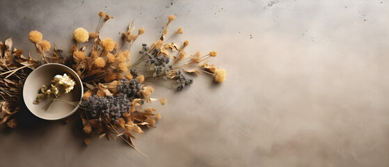 Dry flowers rrangement against a beige wall created with Generative AI technology