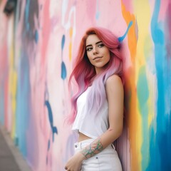 A young woman with pink hair and a white suit with the colors of the rainbow, street realism