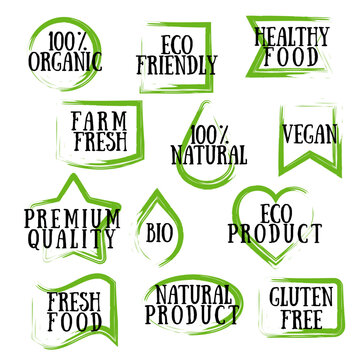 Vector hand drawn healthy food emblems. Vegan, natural, organic food. Set of icons and emblems for food packaging, restaurants, shops, marketing. 