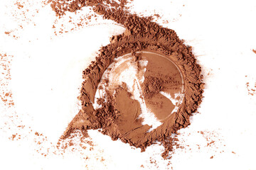 Pile cocoa powder frame isolated on white, top view