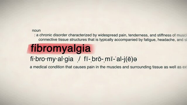 The Word Fibromyalgia Red Highlighted in a Dictionary Animation