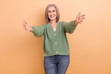 Photo of funny businesswoman entrepreneur wear khaki cardigan gray hair welcome you hiring...