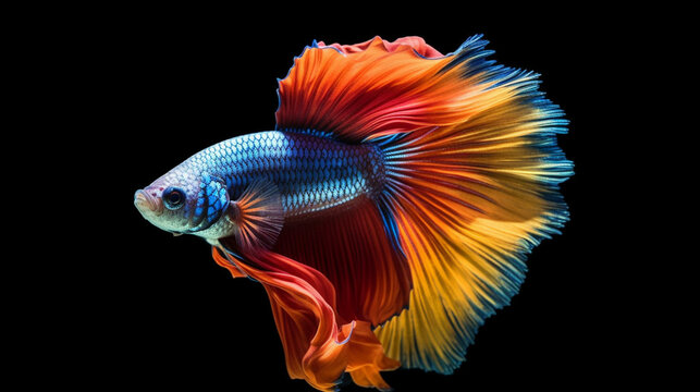 Capture the moving moment of betta fish or red-blue siamese fighting fish isolated on black background. 