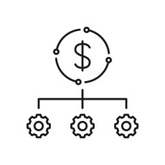 Money Management Industry Line Icon. Effective Finance Investment Linear Pictogram. Gear and Dollar Optimize Process Outline Sign. Business Optimization. Editable Stroke. Isolated Vector Illustration