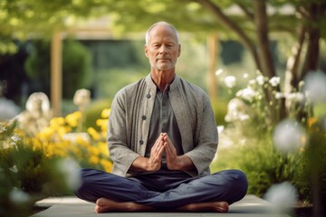 Environmental portrait photography of a glad mature man meditating against a botanical garden background. With generative AI technology - obrazy, fototapety, plakaty