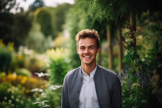 Medium shot portrait photography of a glad boy in his 30s smiling against a botanical garden background. With generative AI technology