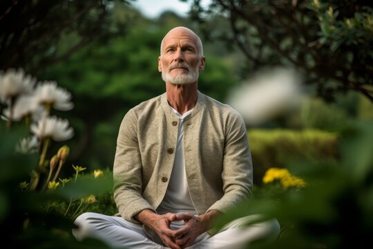 Environmental portrait photography of a glad mature man meditating against a botanical garden background. With generative AI technology