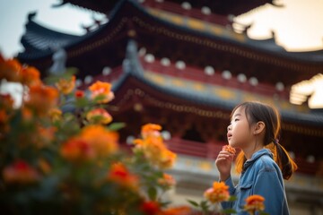 Conceptual portrait photography of a glad kid female sniffing the flowers against a traditional asian temple background. With generative AI technology