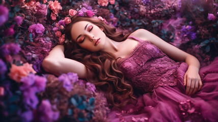 Obraz na płótnie Canvas Elegant fantasy girl sleep magical purple flower field dreaming, generative AI tools 