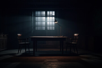 Dark Interrogation room, atmosphere of Jail room. Generative Ai - obrazy, fototapety, plakaty