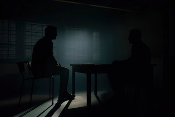 Dark Interrogation room with silhouette of detective and suspect or victim, atmosphere of Jail room. Generative Ai - obrazy, fototapety, plakaty