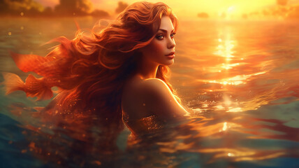 Fantasy woman goldfish , ocean siren, mystic spirit  sunset light, generative AI tools  - obrazy, fototapety, plakaty