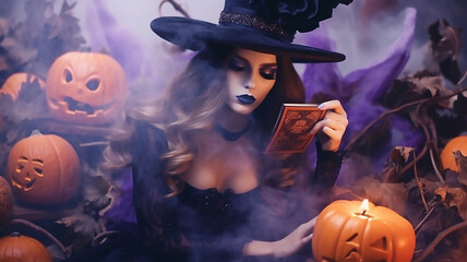 Halloween portrait fantasy woman witch, holding orange pumpkin , autumn background, generative AI tools 