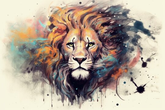 Lion predator animals wildlife painting. Lion is the king of animals. The constellation of Leo is a sign of the leaders. A strong spirit, strong body, strong will. Fantasy art of a lion