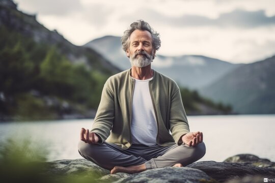 Lifestyle portrait photography of a glad mature man meditating against a national park background. With generative AI technology