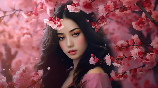 Fantasy beauty asian woman close up, japanese nature sakura flower tree. Creative poster, generative AI tools 