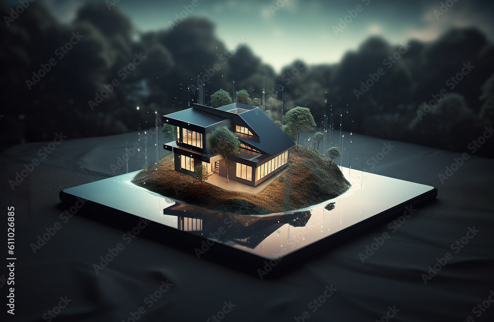 Poster A tablet computer with a small house and forest on top of it. Generative AI image.