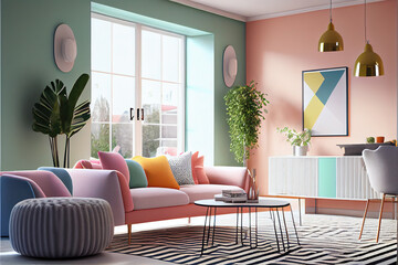 modern living room with sofa pastel color