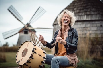 Fototapeta premium Medium shot portrait photography of a happy mature girl playing the drum against a rustic windmill background. With generative AI technology