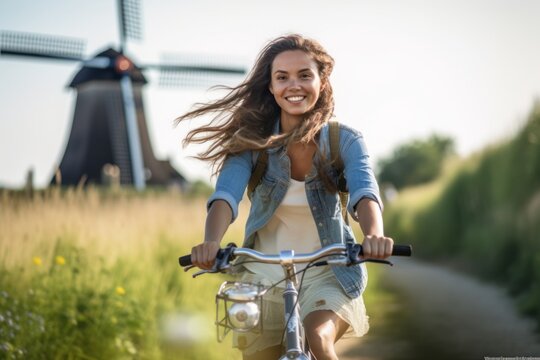 Environmental portrait photography of a grinning girl in her 30s riding a bike against a rustic windmill background. With generative AI technology