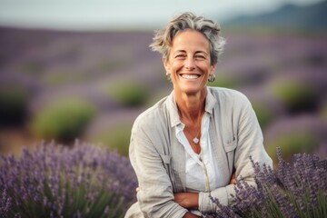 Medium shot portrait photography of a glad mature girl smiling against a lavender field background. With generative AI technology