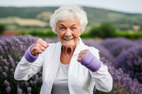 Medium shot portrait photography of a glad mature woman practicing boxing against a lavender field background. With generative AI technology