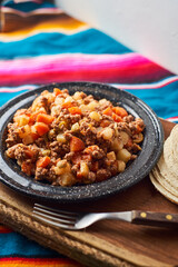 Beef Picadillo cooked with potatoes, carrots, olives and spices, from mexico.