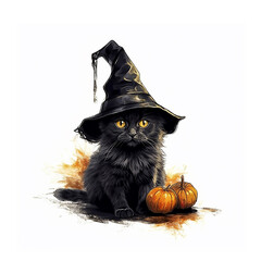 Cute Halloween kitty cat clipart icon with witch hat and pumpkin AI generated Halloween  artwork isolated on white background
- 611027242