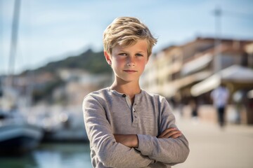 Fototapeta na wymiar Medium shot portrait photography of a glad mature boy with crossed arms against a picturesque harbor background. With generative AI technology