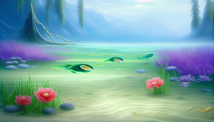 Generative AI landscape with flowers and butterflies